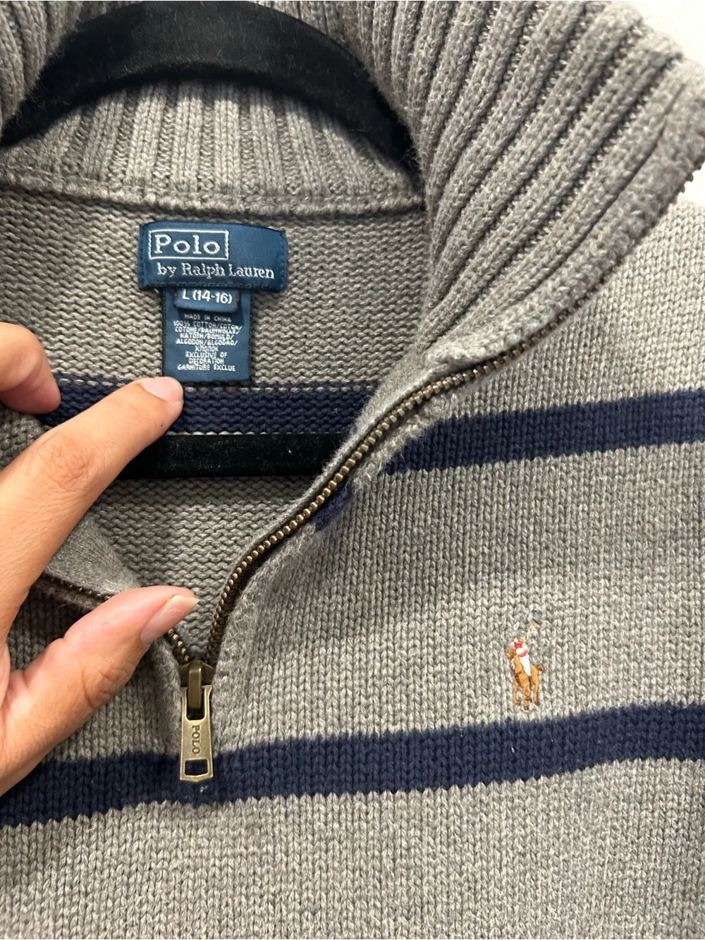 Polo Ralph Lauren Boys L 14-16 Gray Navy Striped Quarter Zip Sweater